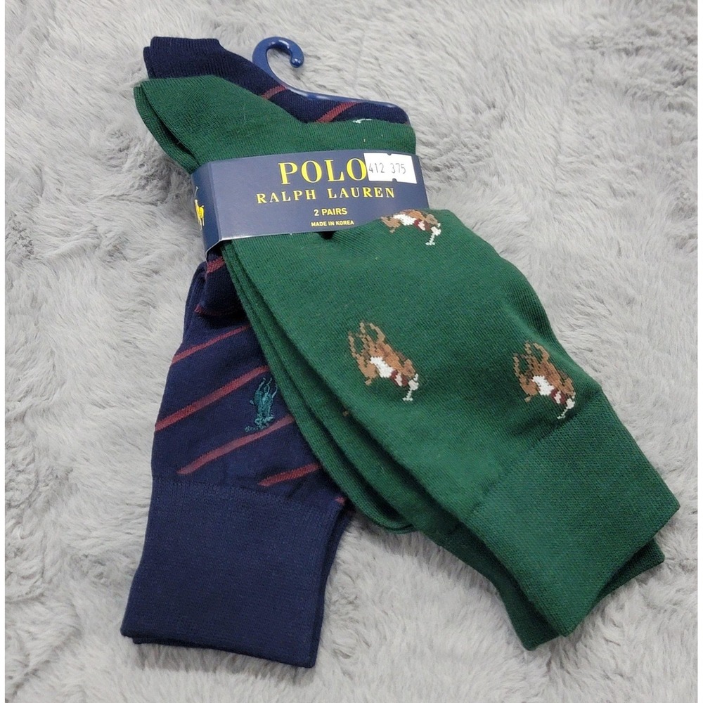 Polo Ralph Lauren Socks Mens 10-13 Green Navy Polo Rider Stripe Crew 2 Pairs